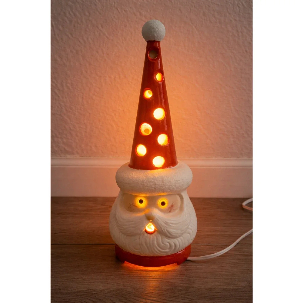 Vintage Ceramic Santa Claus Night Light Red Hat Cutouts Christmas Holiday Lamp